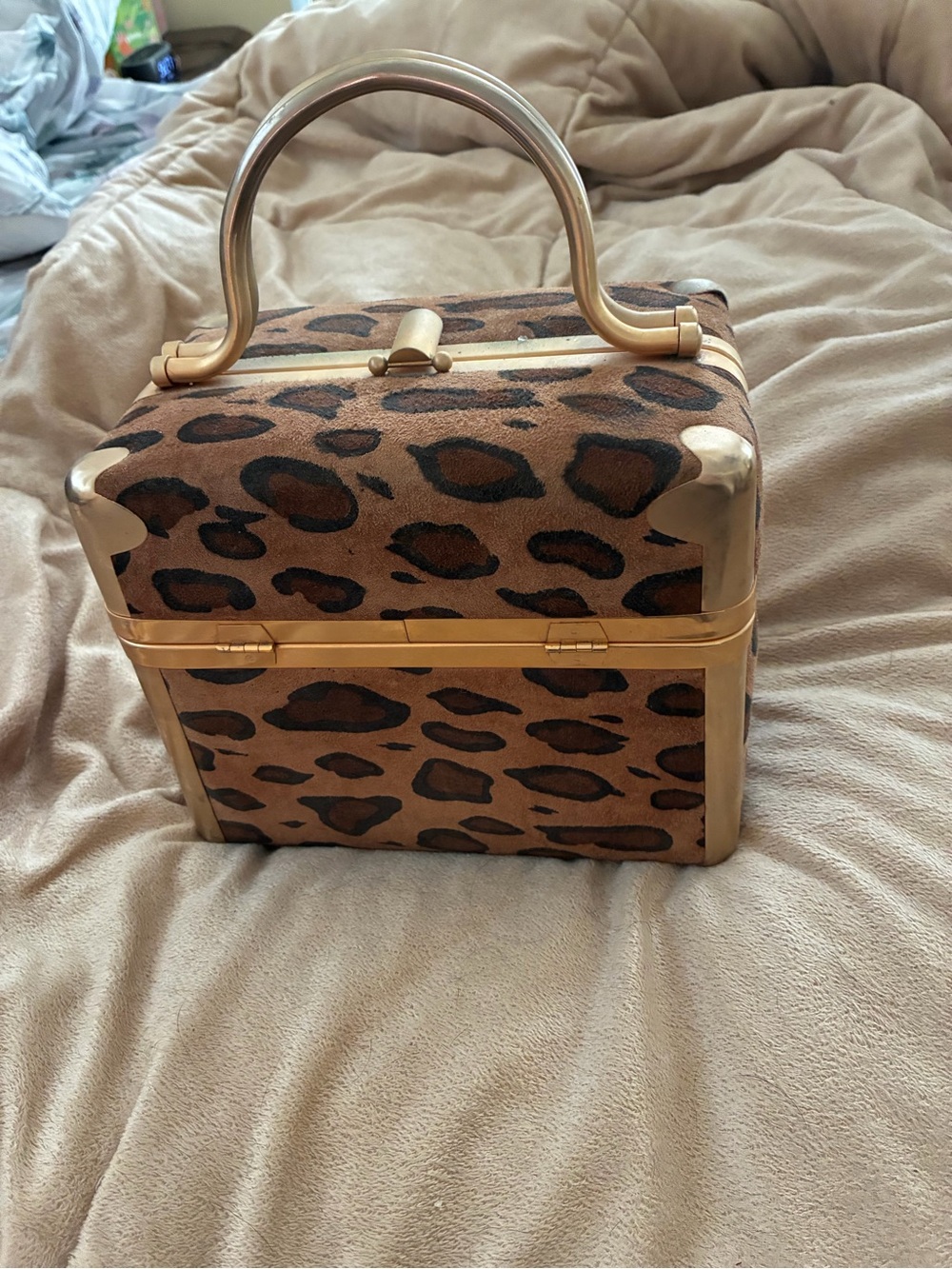 Leopard Print Structured Satchel with Gold Trim